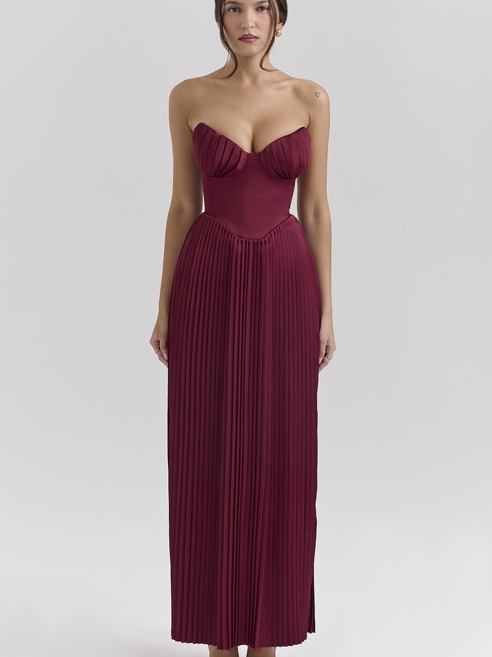 Strapless Silky Pleated Satin Corset Boned Bodice Maxi Dress Burgundy Sz Medium